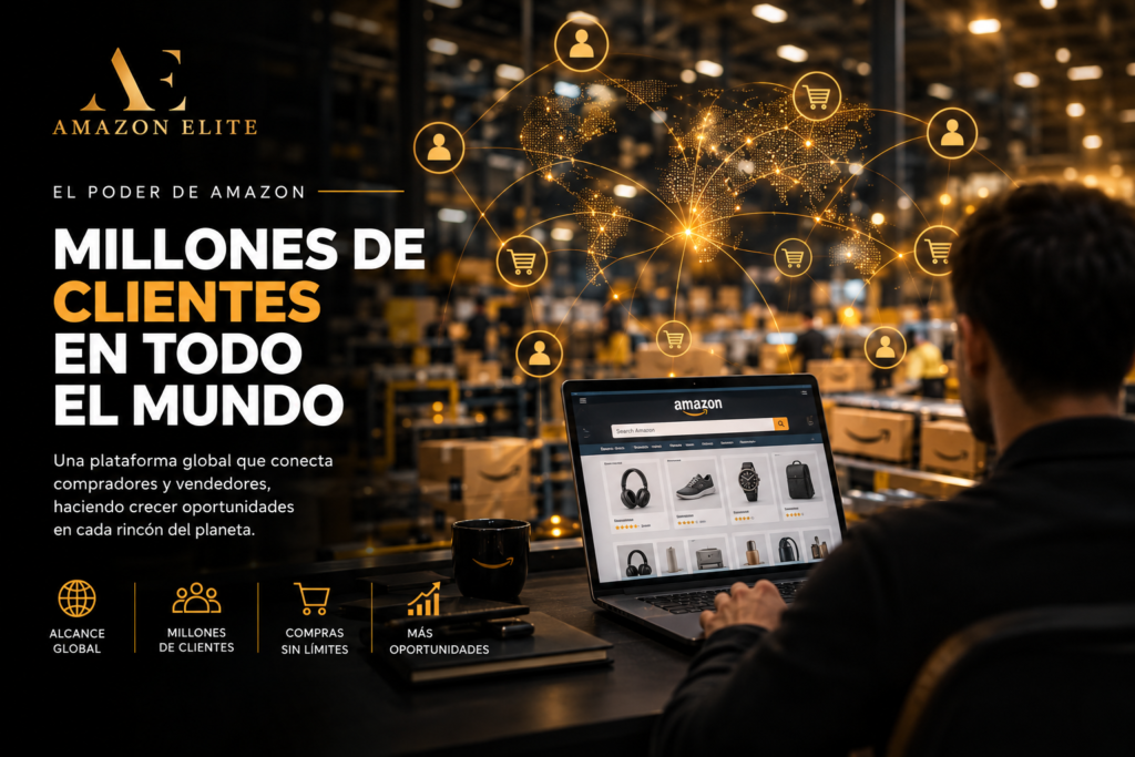 Persona comprando en una laptop con una red de compradores conectados en todo el mundo