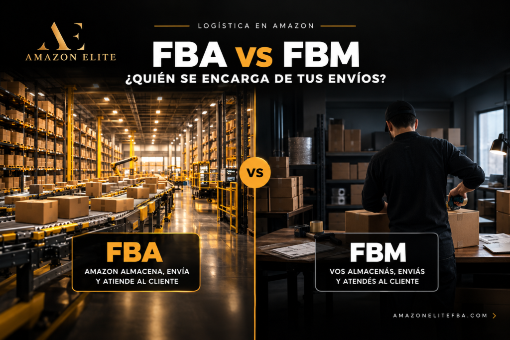 FBA vs FBM: a la izquierda un centro de distribución automatizado, a la derecha una persona empacando pedidos a mano